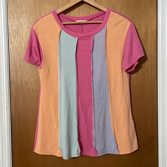 •ADORA•PASTEL COLOR BLOCK STRIPE RIBBED SHORT SLEEVE SHIRT. SIZE SMALL*like new* - Picture 5 of 9